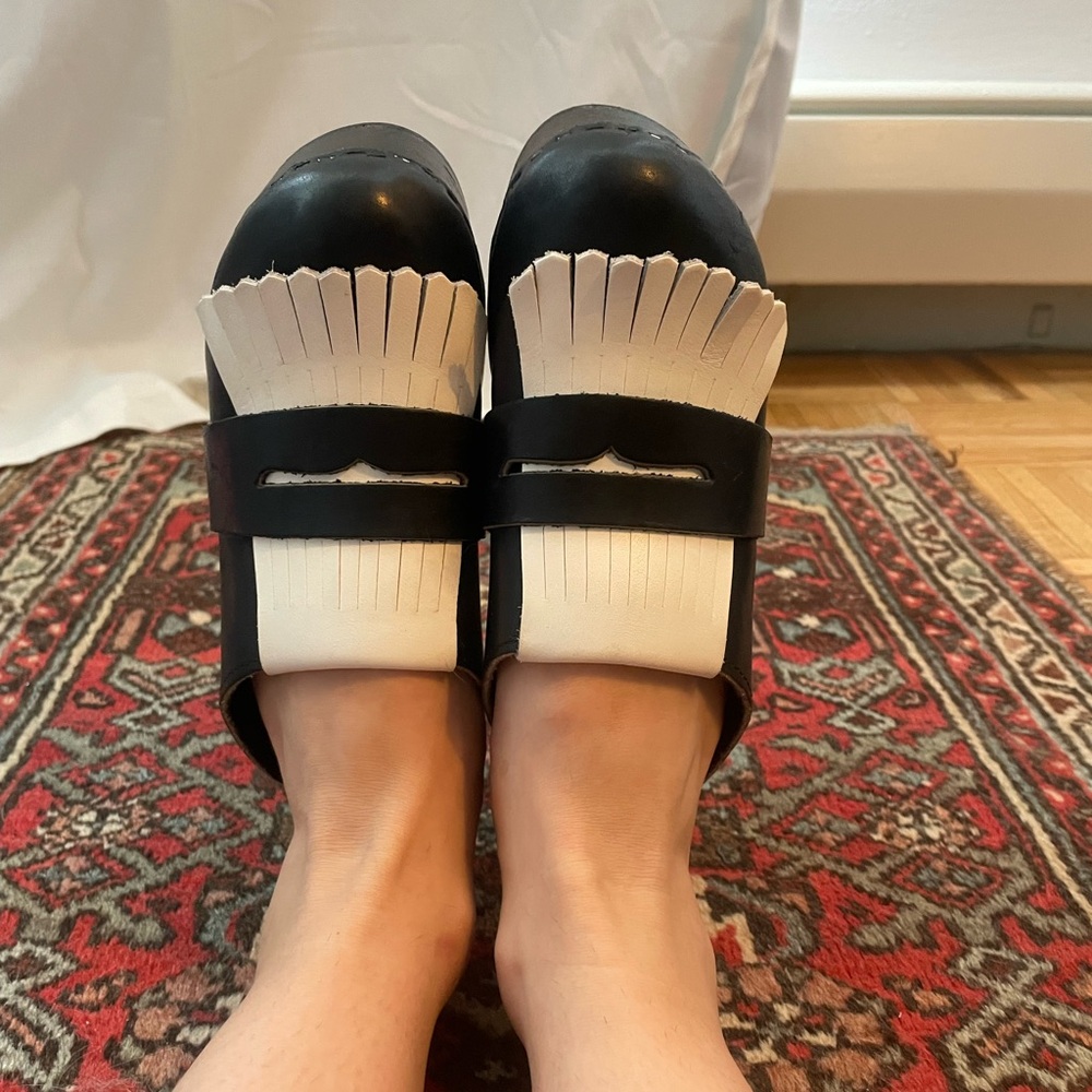 No. 6 Black and White Mules with Sleek Design